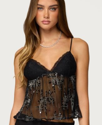 Women's Sequin Sheer Mesh Babydoll Top