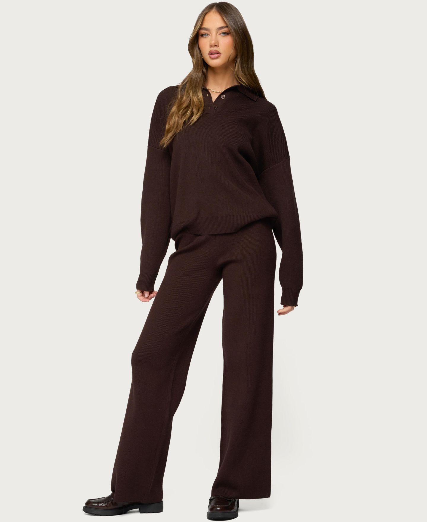 Женский свитер Edikted Lorie Oversized Knit Polo Sweater, цвет: Коричневый — фото 3