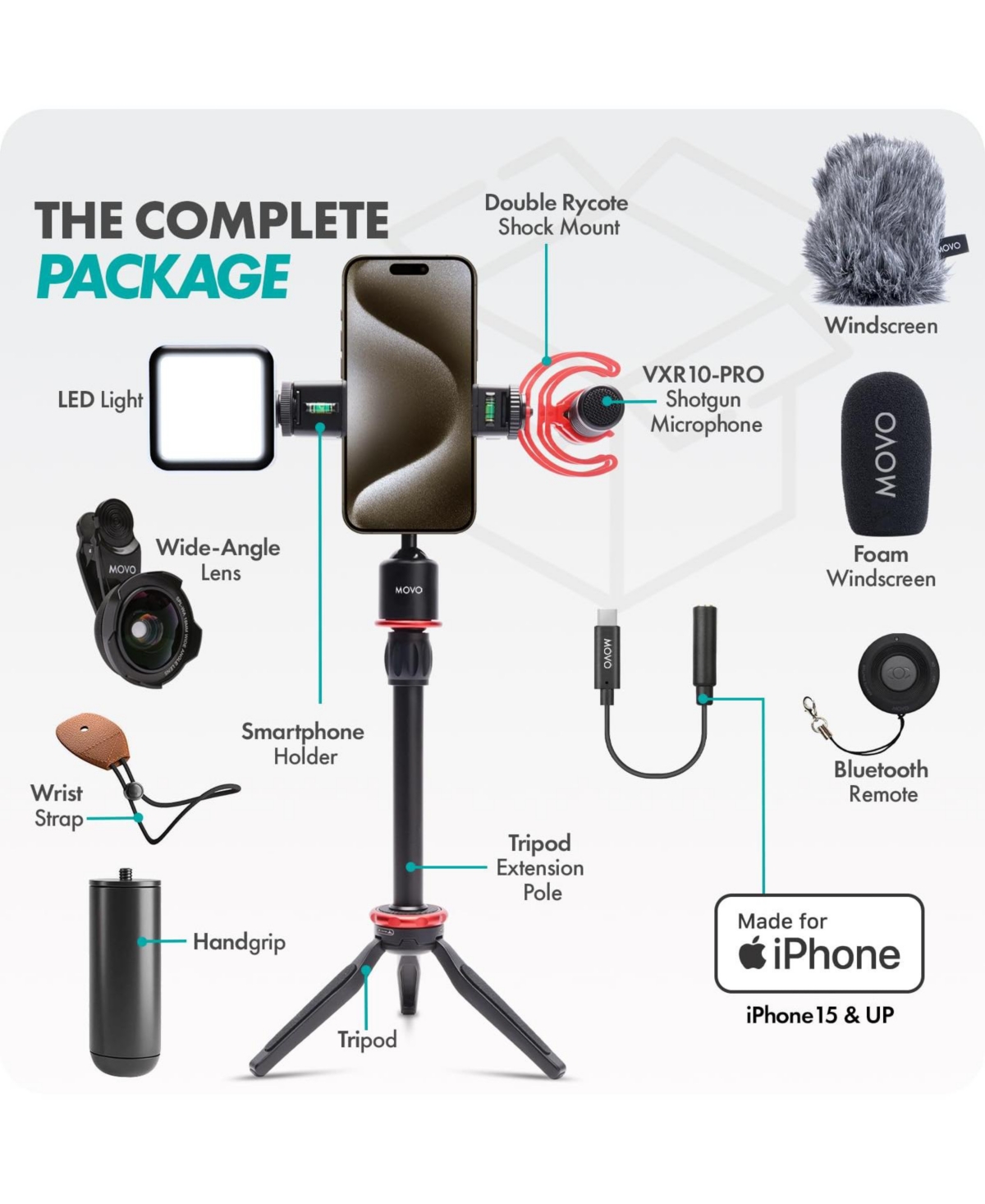 Movo iVlog1-ip Vlogging Kit for iPhone 15/16/17 and up (Usb-c) with Microphone, Mini Tripod, Led Light, Wide-Angle Lens