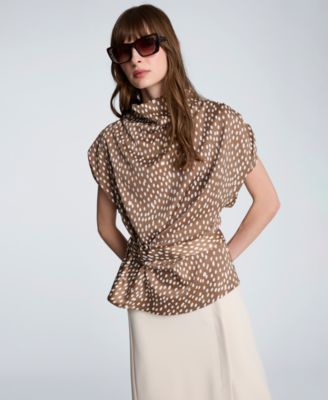 Women's Satin Dot Belted Drape Cowl Neck Top