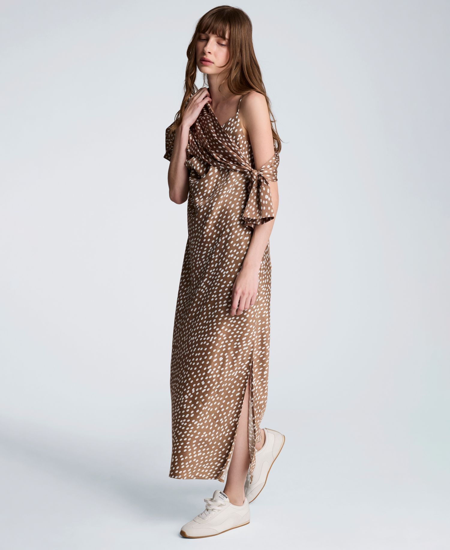 Women's Satin Dot Print Cowl Neck Slip Midi Dress