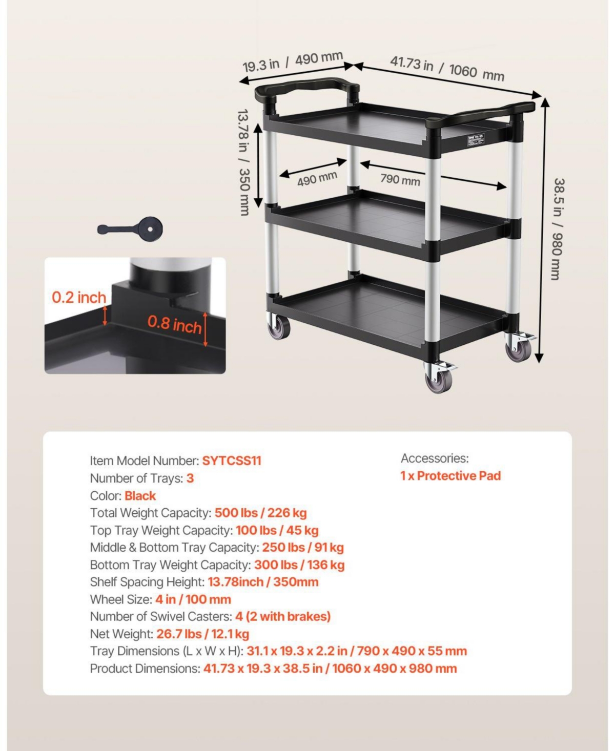 Mecale 3-Tier Utility Cart, 500-Lb Capacity, 31.1" x 19.3", Plastic Service Cart w/ Swivel Wheels & Brakes
