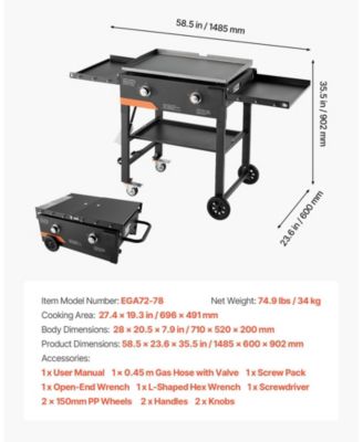 2-Burner Propane Gas Griddle, 28", Foldable Flat Top w/ Wheels, 30,000 BTU, Pulse Ignition, Outdoor