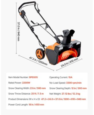 Electric Snow Blower, 23", 15A Corded Snow Thrower, Dual LED Lights, 180° Chute, 25 ft Throw, 12" Depth