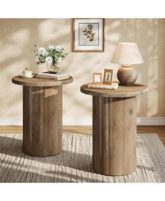 Round Side Table for Living Room Set of 2, Farmhouse Small End Table with Fluted Base, 20-Inch Rustic Brown Nightstand, Accent Furniture