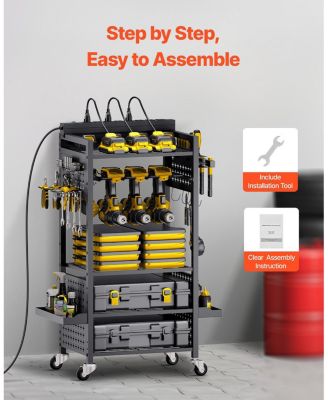 5-Tier Tool Organizer Cart w/ Charging Station, 8 AC Outlets, Rolling Drill Holder & Battery Storage