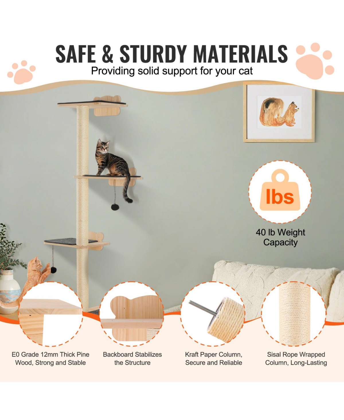 Cozito 4-Piece Wall-Mounted Pine Wood Cat Shelf Set, Holds up to 40 lbs
