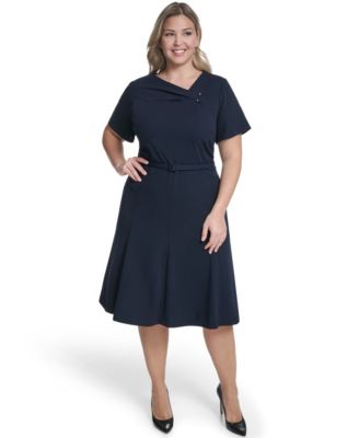 Plus Size Asymmetrical Neck A-Line Midi Dress