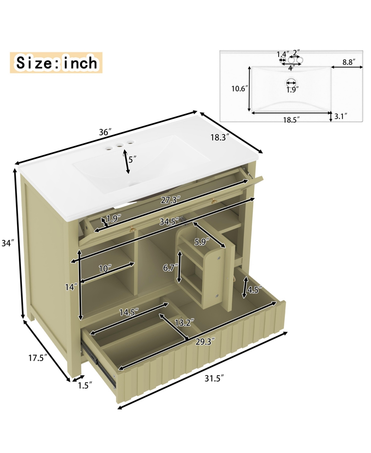 Cesicia 36 in. Bathroom Vanity with Sink, Multi-functional Cabinet Doors, Drawers and Storage Shelves