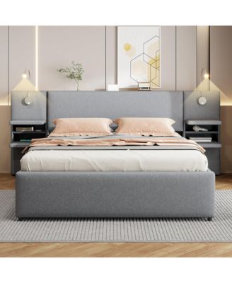 Queen Size Upholstered Platform Bed with Reading Lights and Storage Solutions