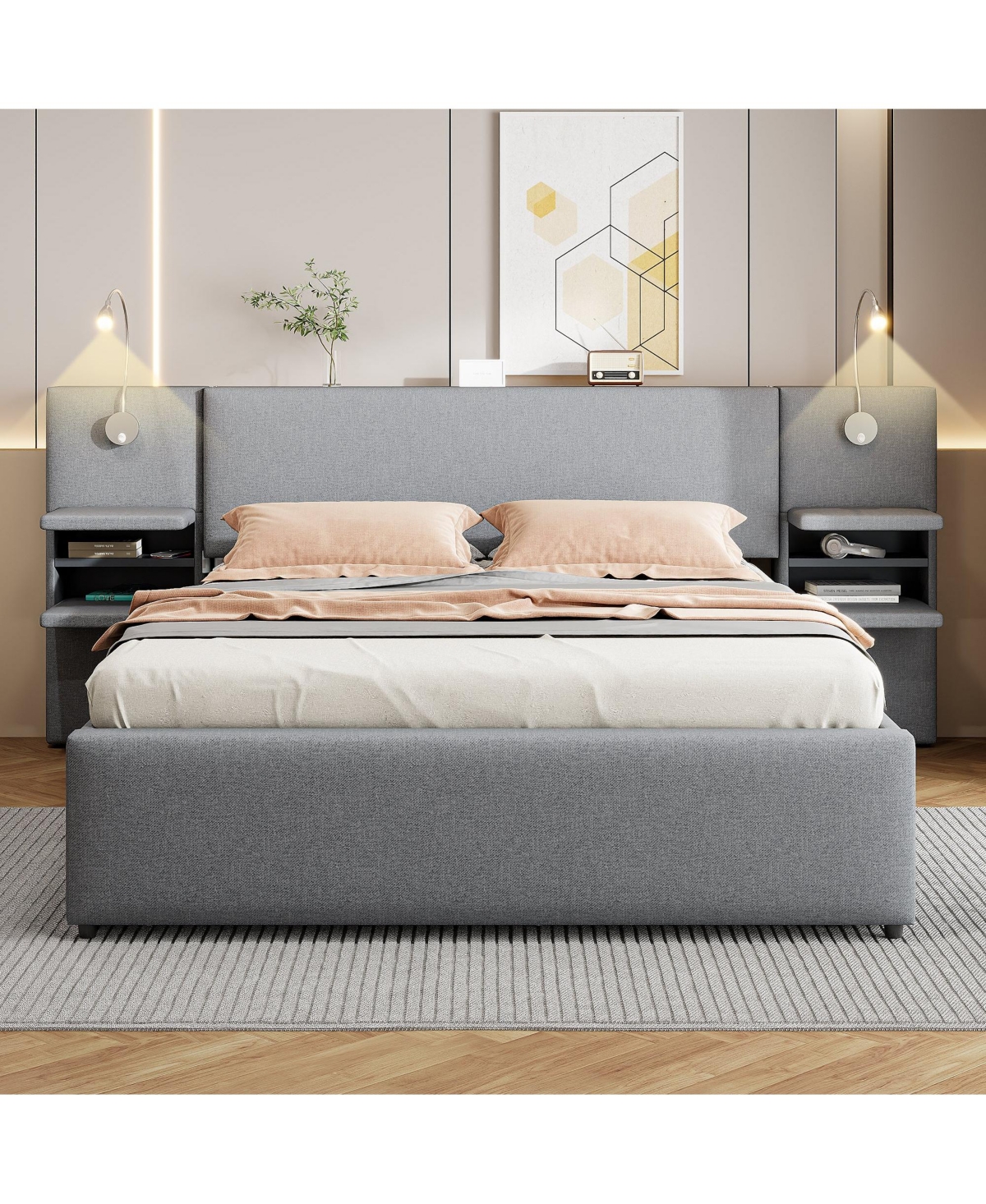 Boyel Living Queen Size Upholstered Platform Bed with Reading Lights and Storage Solutions
