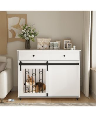  Dog Crate Furniture with Double Drawers and Sliding Barn Door in White