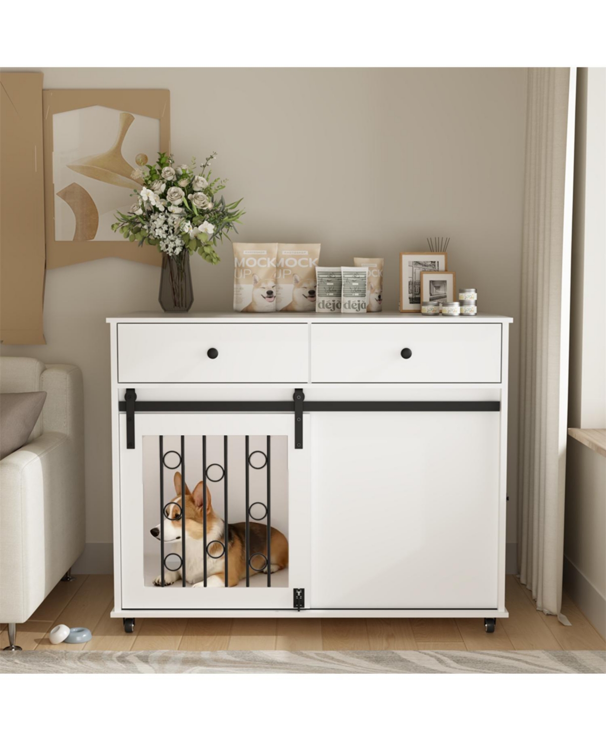 Aostirmotor Dog Crate Furniture with Double Drawers and Sliding Barn Door in White