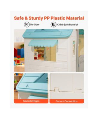 Outdoor Playhouse, 5-In-1 Cottage Play House with Pretend Play, Basketball, Darts, Soccer, Ring Toss