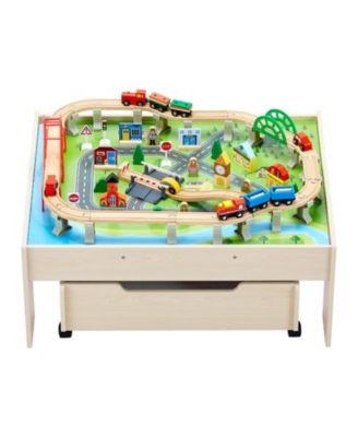 Kids Train Table with 100-Piece Wooden Set and Storage Drawer