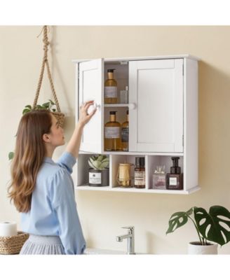 Bathroom Wall Cabinet, 2 Doors, Adjustable Shelf, Wall-Mounted Over-Toilet Storage w/ Open Shelves, White