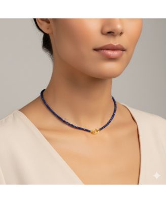 Created Blue Sapphire Bead Necklace with Silver over Gold and CZ Enhancer Charm Clip