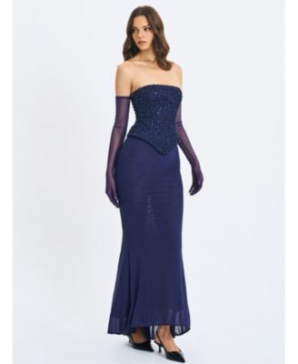 Women's Orabelle Navy Beaded Peplum Mermaid Gown with Lace-up Back