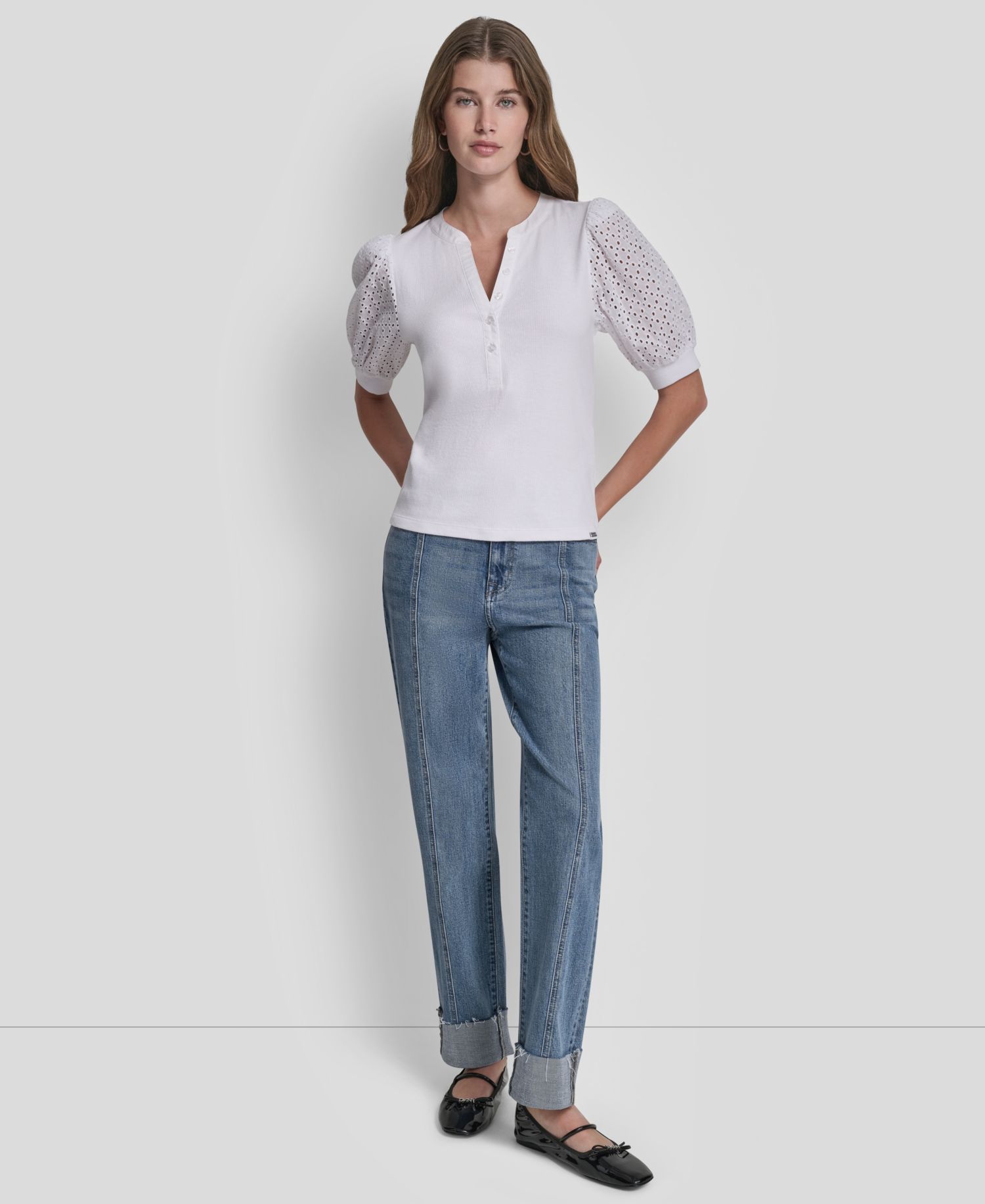 Petite Rib Body Eyelet V-Neck Top