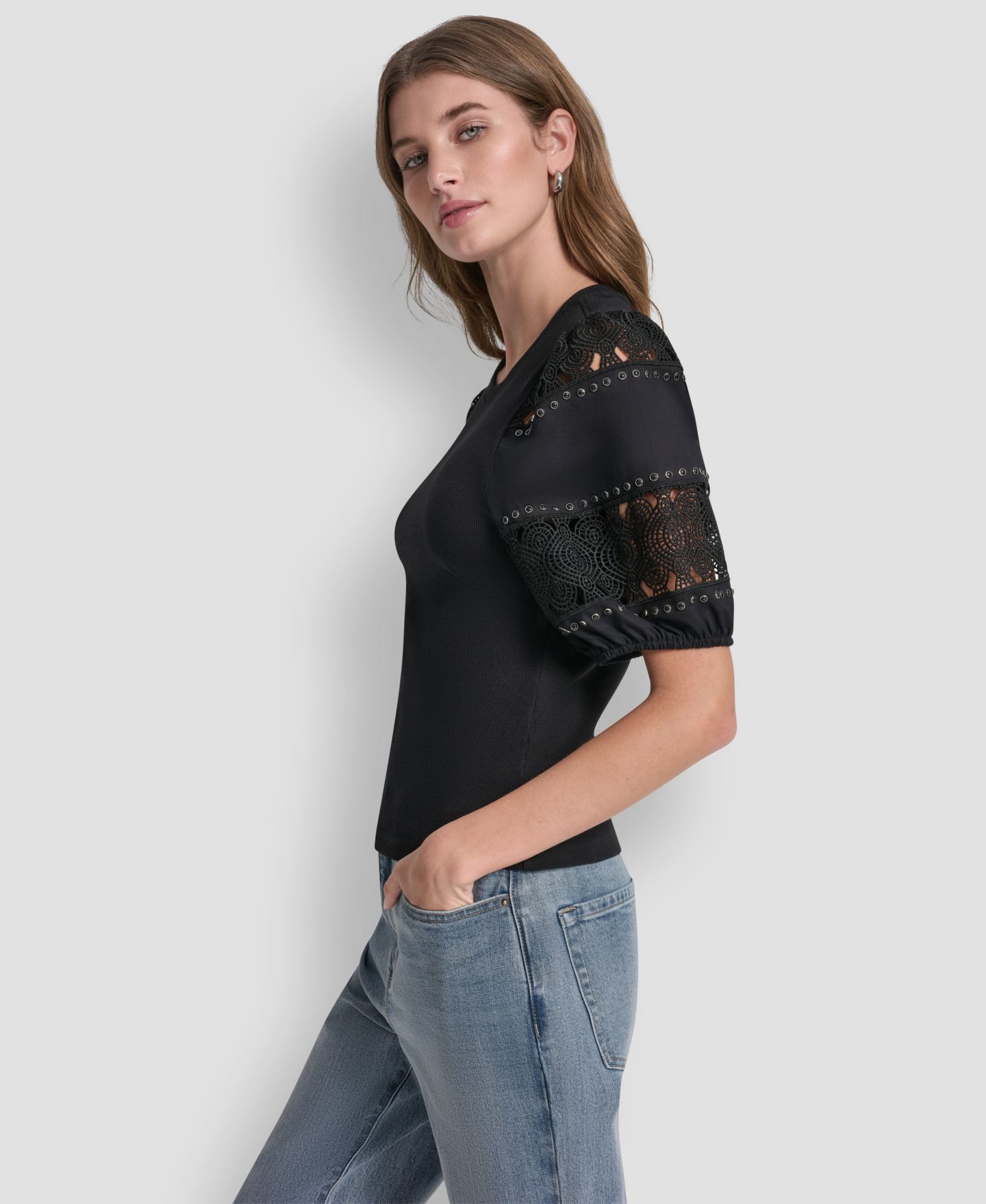 Женский топ DKNY Jeans для невысоких с круглым вырезом и кружевным люверсом, цвет: Чёрный — фото 3