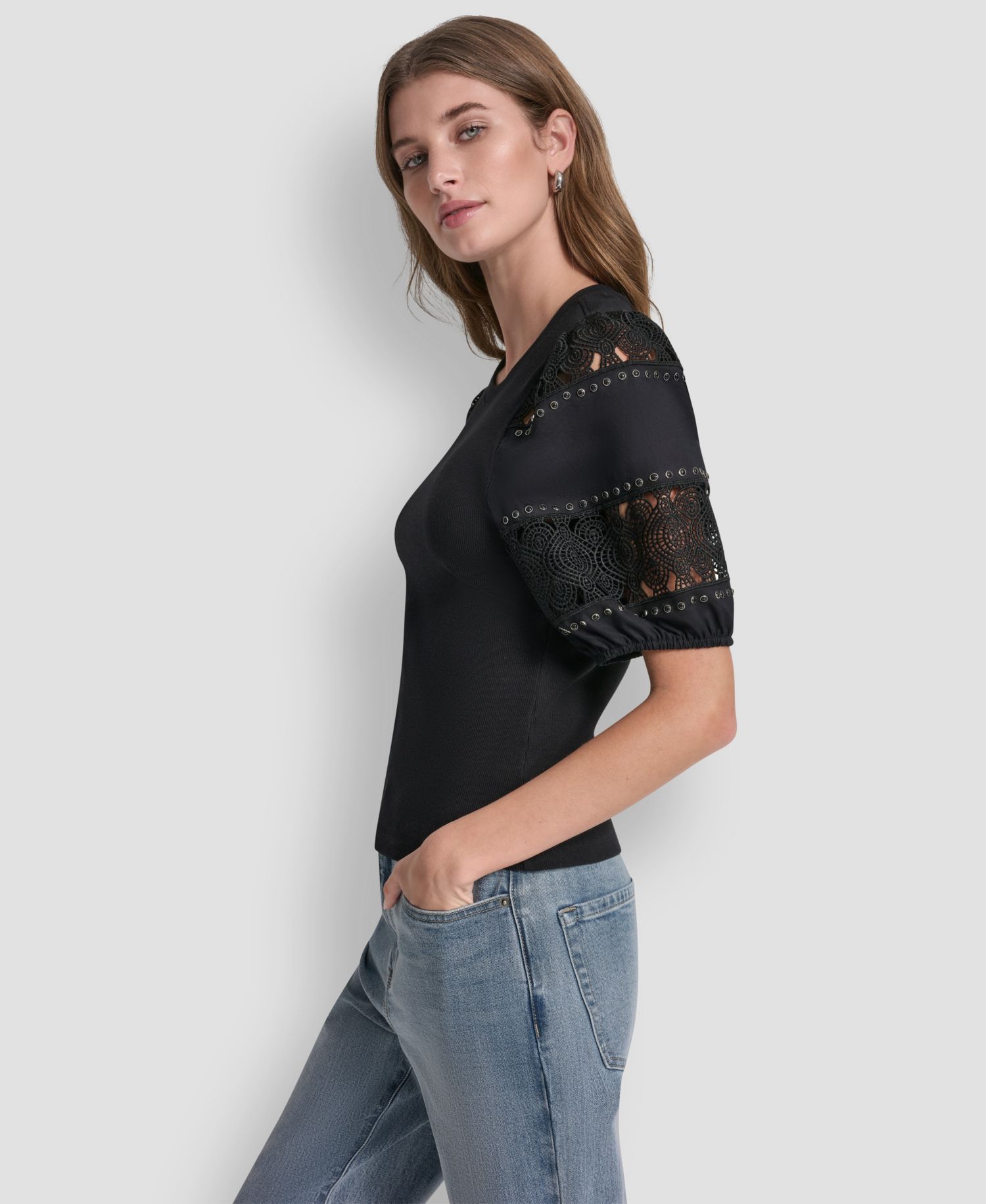 Petite Crew Neck Lace Eyelet Pull-On Top