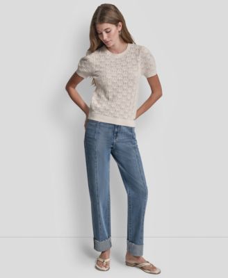 Petite Short-Sleeve Lace Pointelle Stitch Sweater