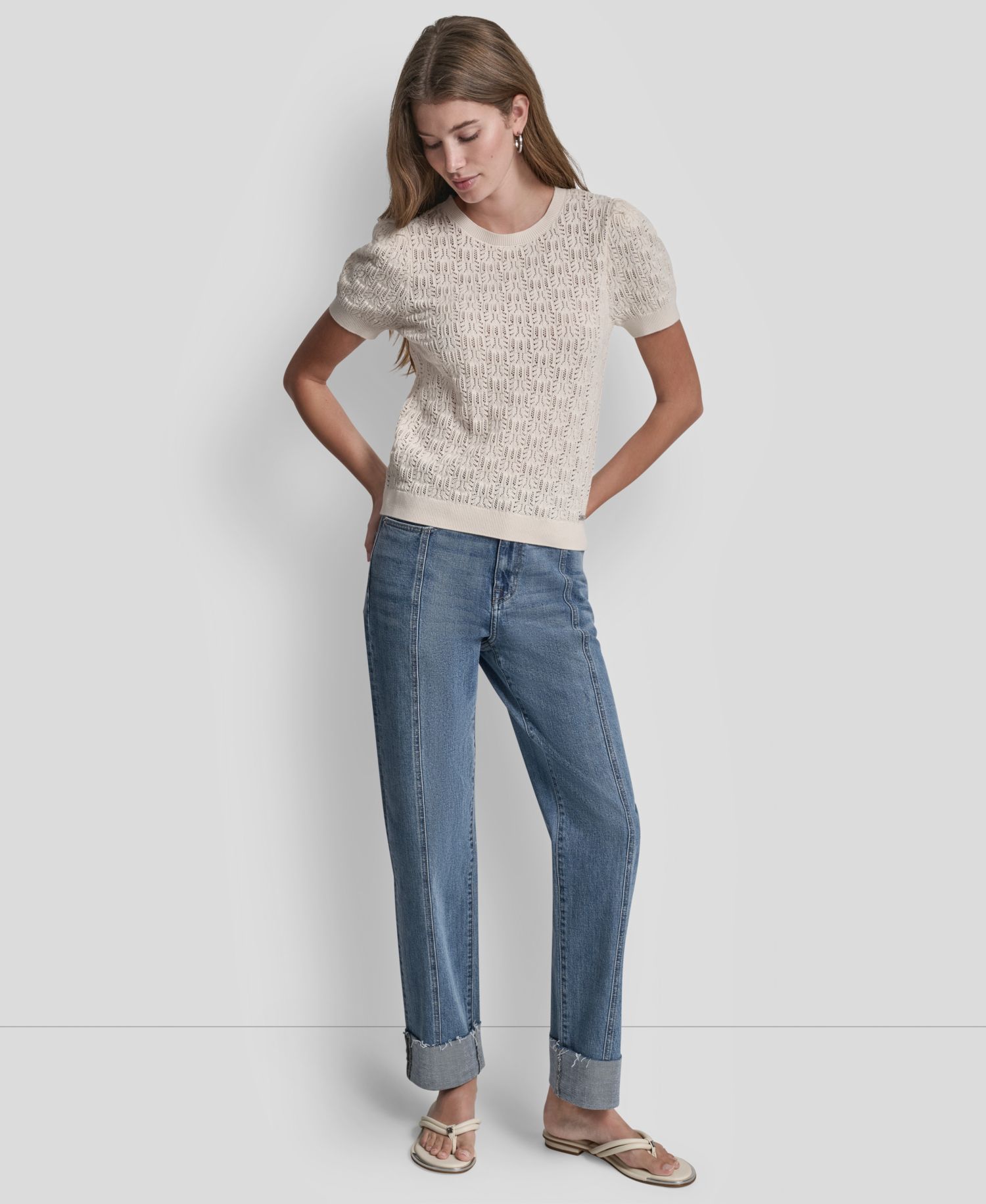 Women's Short Sleeve Crew Neck Lace Pointelle Sweater