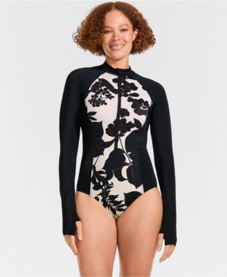 Petite Tugless Long Sleeve Rash Guard One Piece Swimsuit