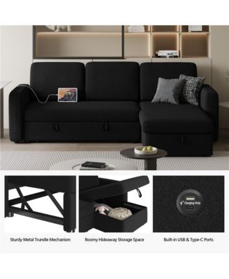 L-Shaped Reversible Sleeper Sectional Sofa with Chaise & USB & Type-C Ports Dark Gray