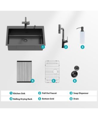 huluwat 30x22x10inch Gunmetal Black Kitchen Sink with Pull Out Faucet Soap Dispenser Stainless Steel