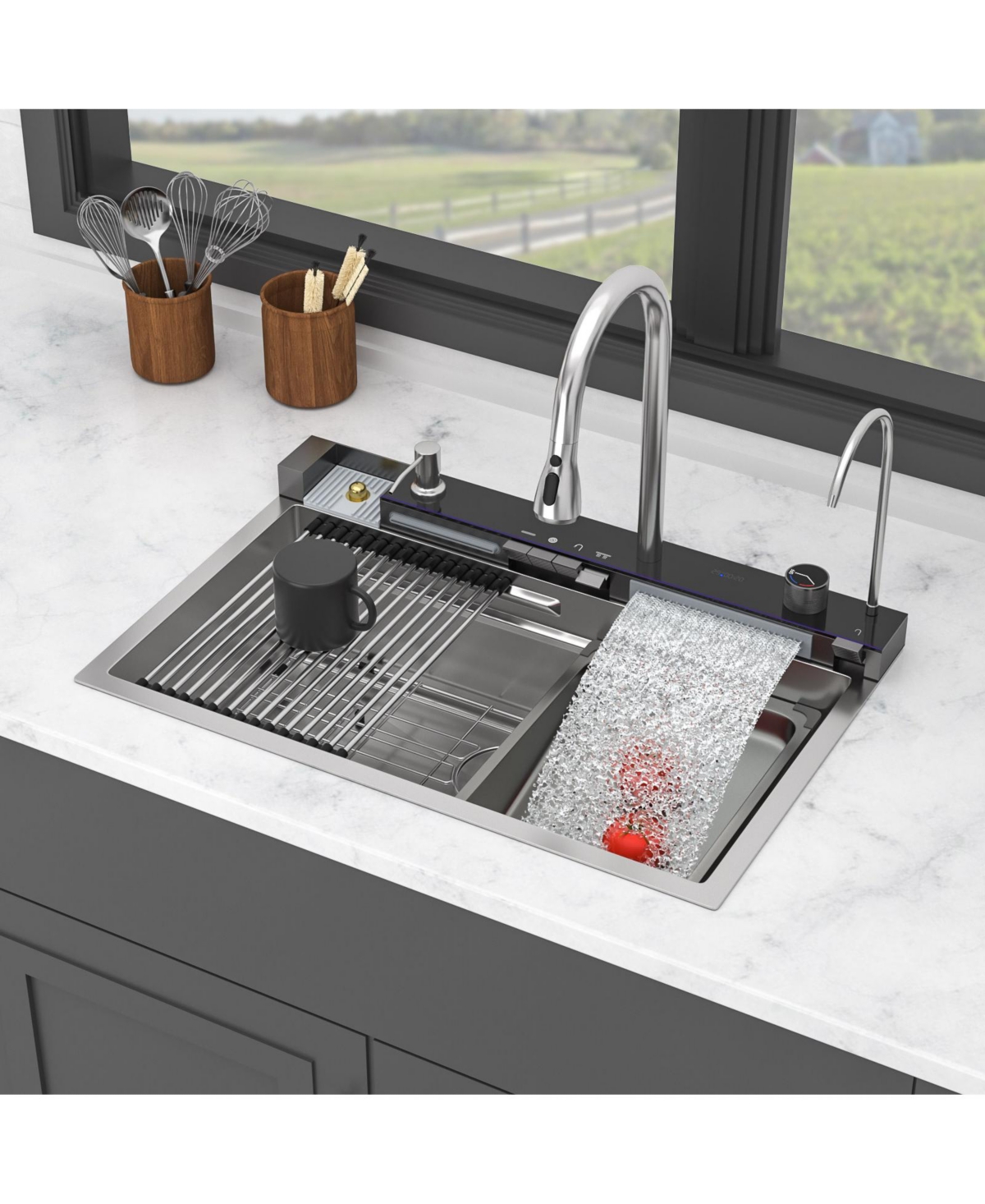 flynama 30x19x9inch Multifunction Single Bowl 16 Gauge T304 Stainless Steel Ledge Workstation Smart Top Mount Waterfall Kitchen Sink