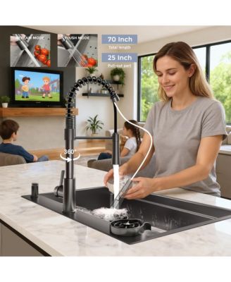 huluwat Gunmetal Black Waterfall Kitchen Sink Workstation Smart Pull Out Faucet Combo