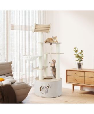 55.5'' Tall Wooden Cat Tree for Indoor Cats w/Condo Curved Perch Hammock