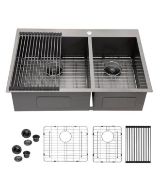 33x22x9inch Gunmetal Black Double Bowl Kitchen Sink Drop In Stainless Steel 16 Gauge 60 40 Split