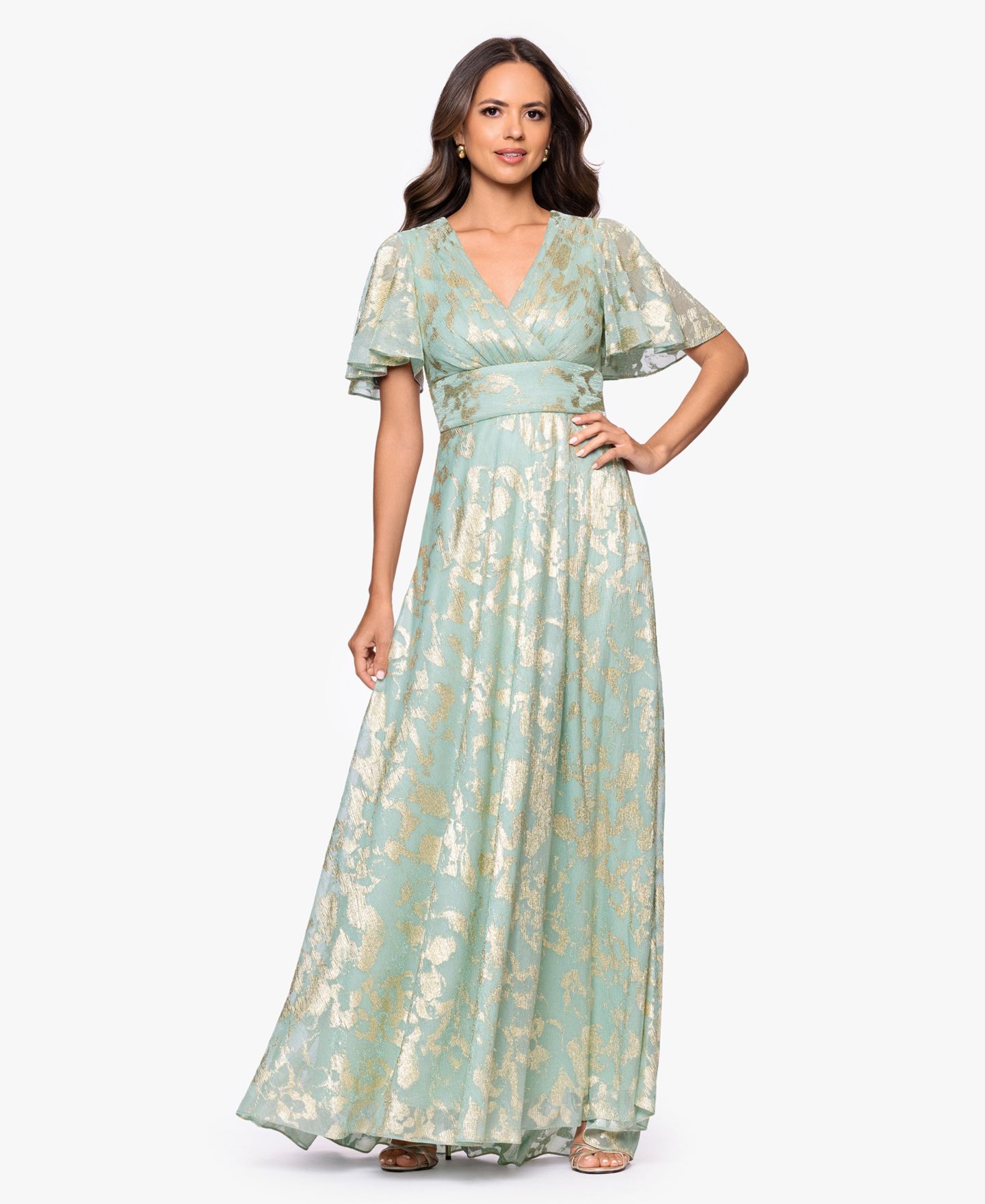 Женское платье Betsy & Adam Foil Print V-Neck Gown, цвет: Шалфейный / Золотой — фото 2
