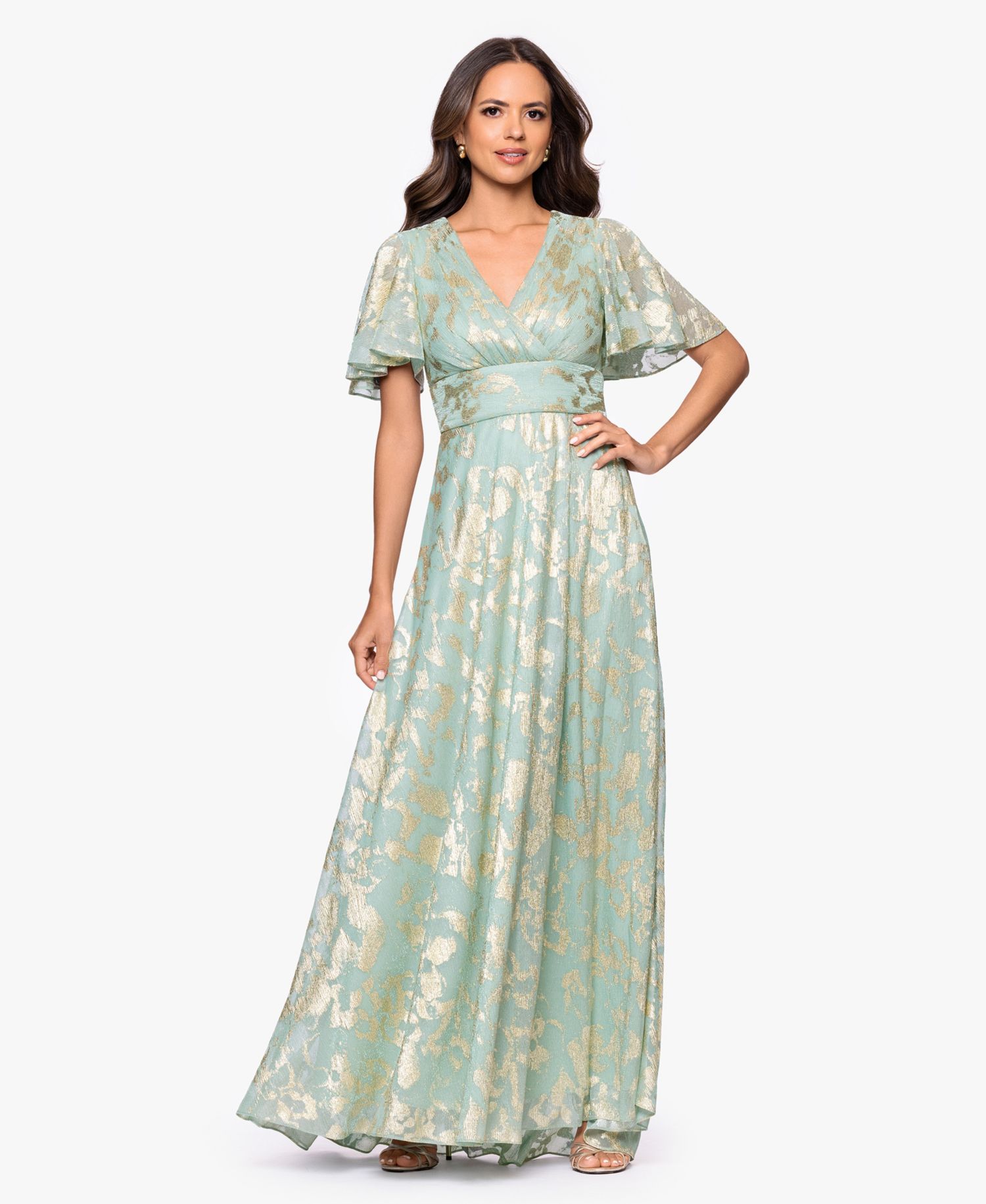 Women's Foil Print V-Neck Gown