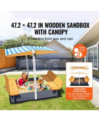 Wooden Sandbox with Canopy, Foldable Bench Seats, and Liner