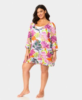 Plus Size V-Neck Bell Sleeve Printed Swim Tunic Cover Up