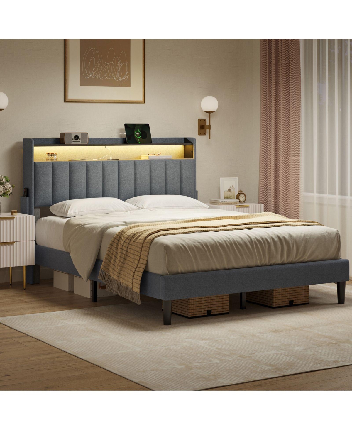 Hausource Queen/Full Size Bed Frame w/Storage Headboard & Charging Station & Led Light No Box Spring Needed, Full