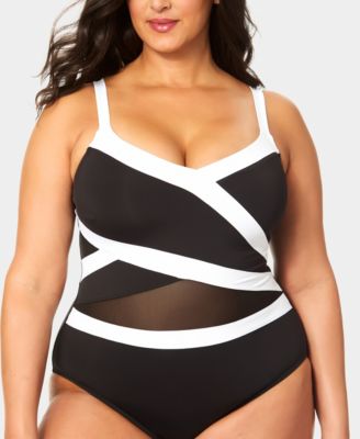 Plus Size V-Neck Color Block Mesh Insert Swimsuit