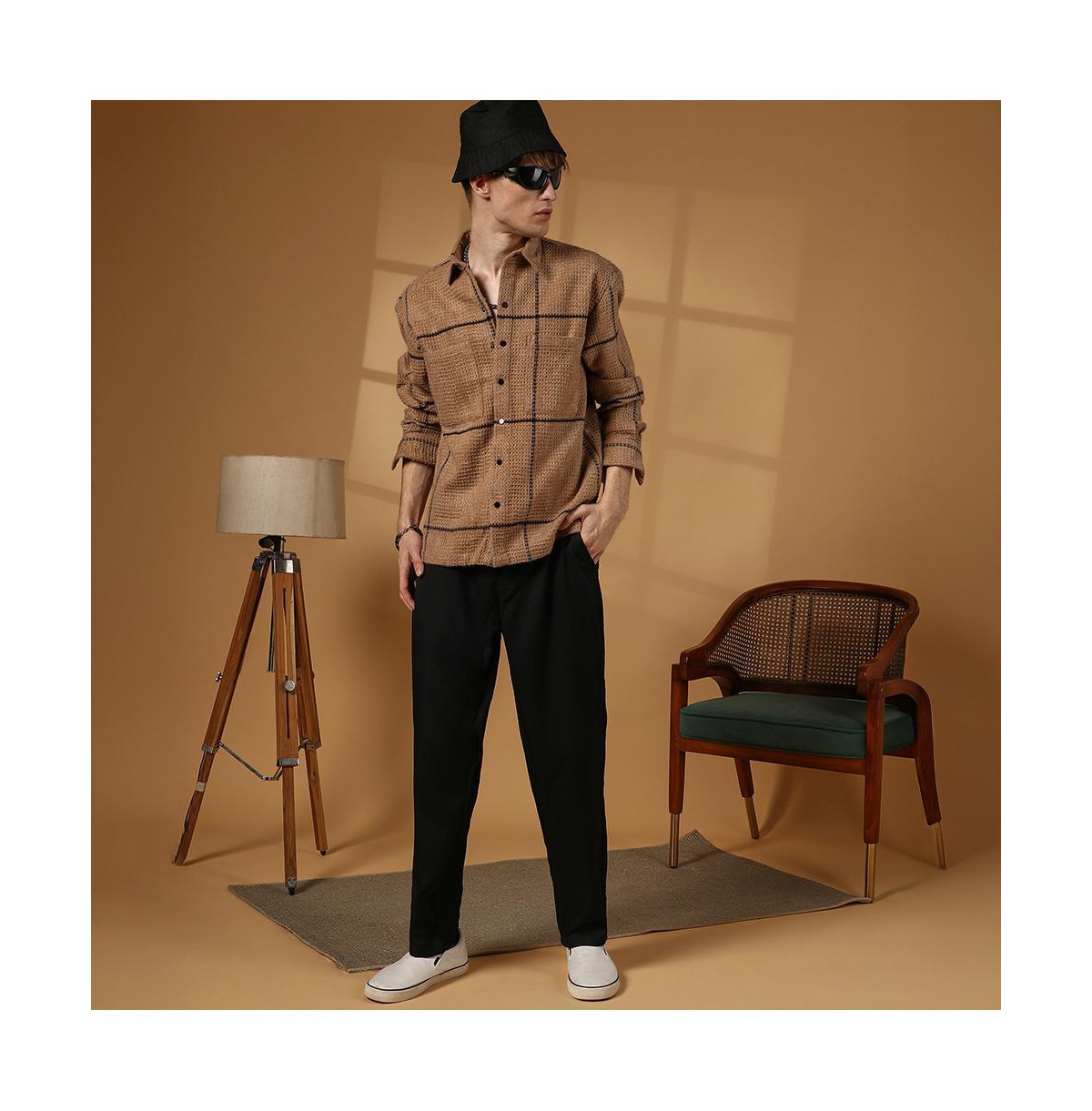 Campus Sutra Men's Ash Brown Graph-Check Waffle Overshirt