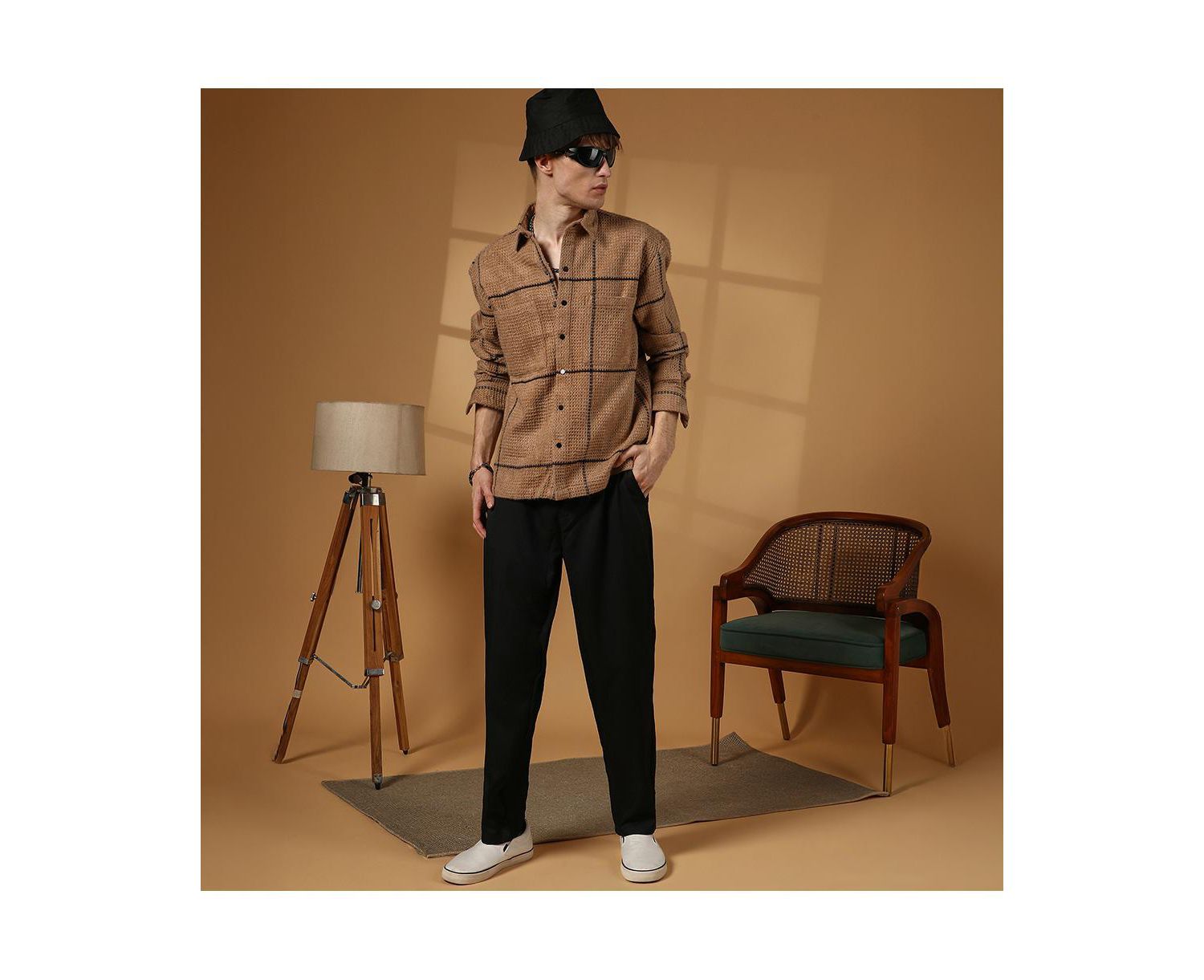 Men's Ash Brown Graph-Check Waffle Overshirt