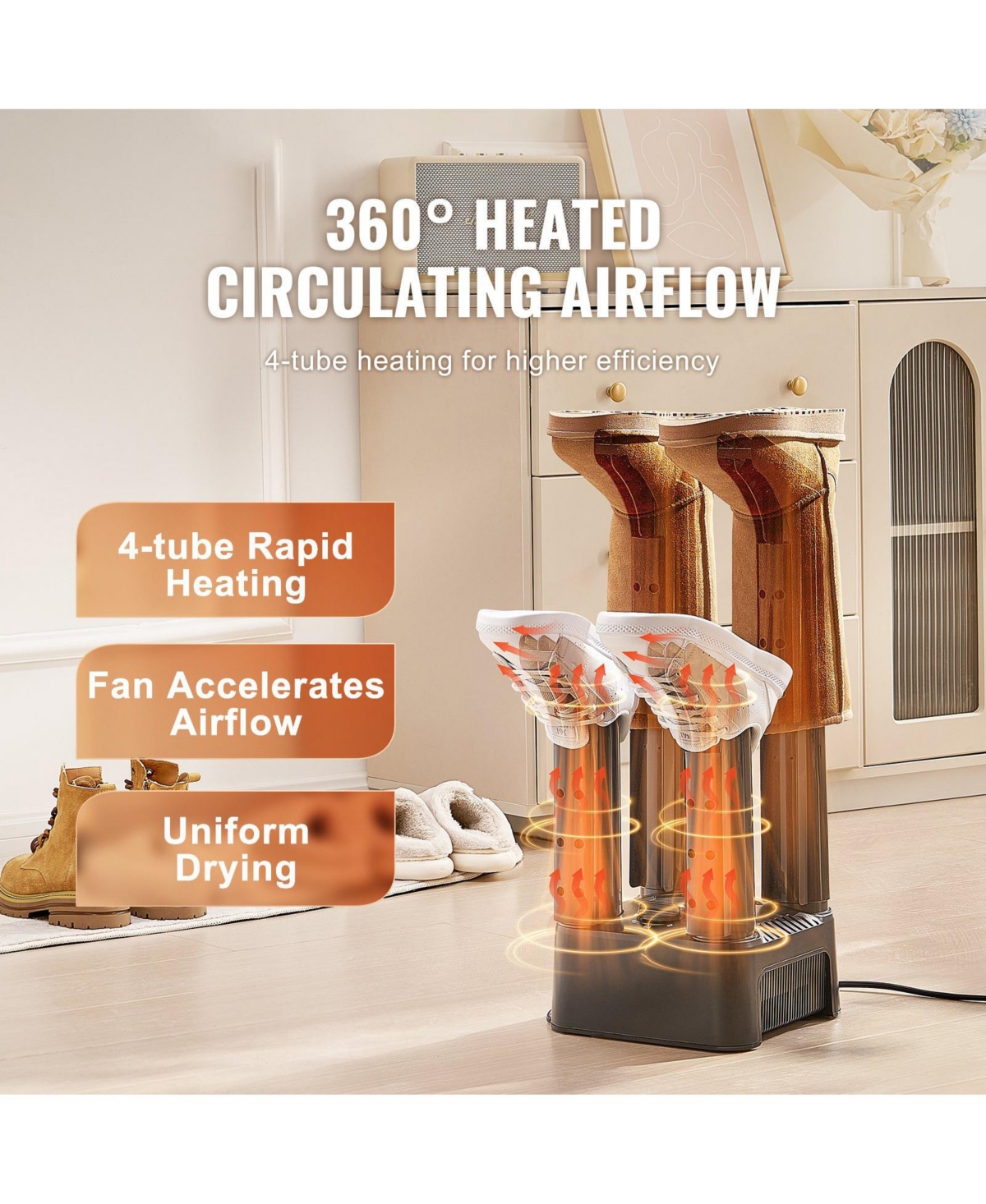 Ecooso Shoe Dryer, Detachable 4-Tube Boot Dryer w/ Timer, Heated Blower, Portable for Boots, Shoes & Socks