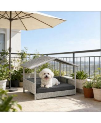 Rattan Dog House with Bed for Outdoor in Gray