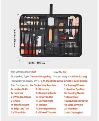 Leather Working Tools Kit, 59-Piece Leather Craft Set w/ Canvas Storage Bag, Punching, Sewing, Stamping & Sanding