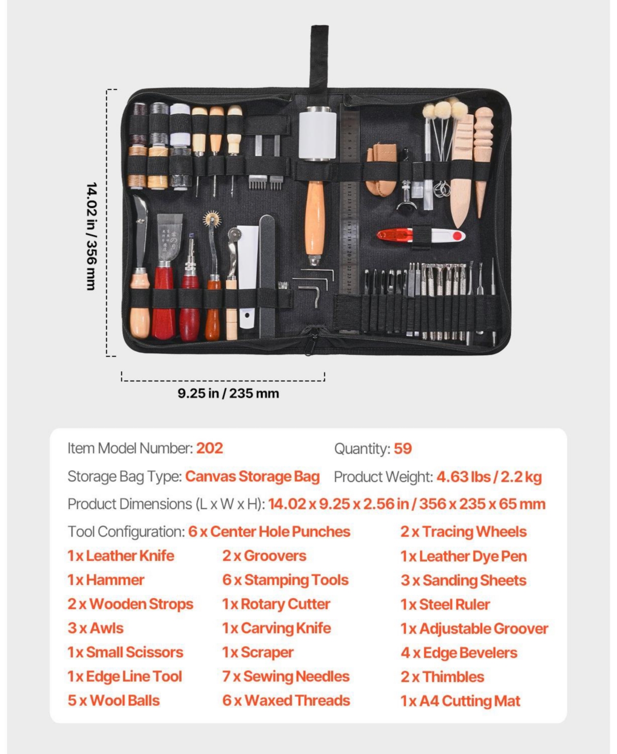Ecooso Leather Working Tools Kit, 59-Piece Leather Craft Set w/ Canvas Storage Bag, Punching, Sewing, Stamping & Sanding