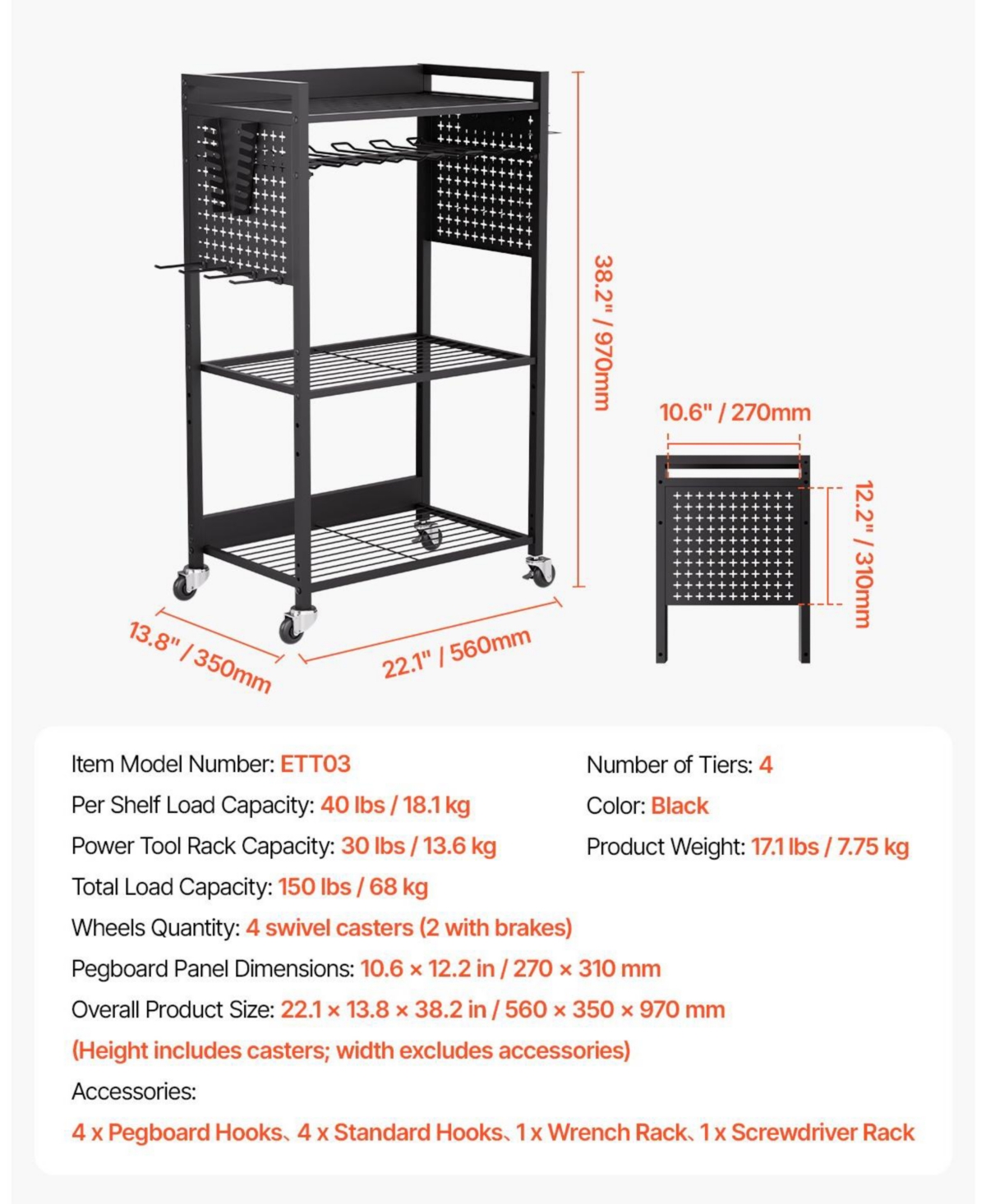 Mecale 4-Tier Tool Organizer Cart, 150-Lb Capacity, Rolling Drill Holder & Storage Rack, Floor Stand, Black