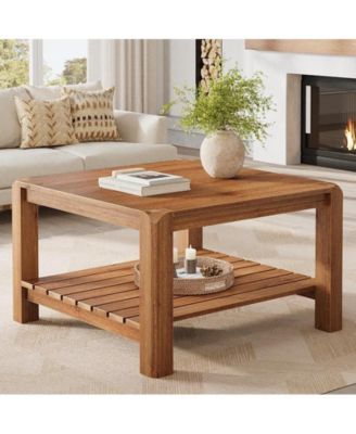 31.5" Solid Wood Coffee Table, 2-Tier Square Center Table with Rounded Corners, Modern Rustic Coffee Furniture