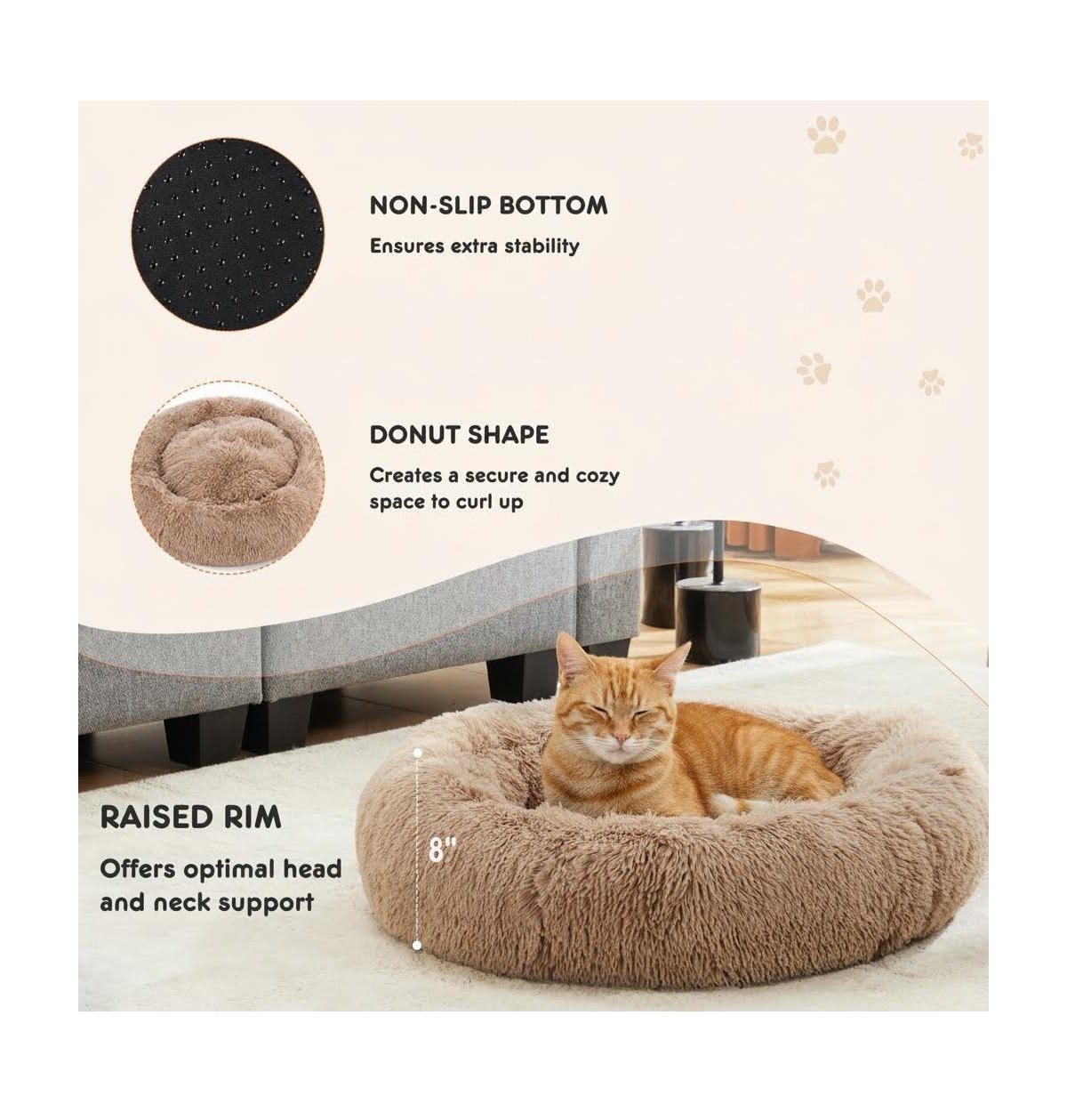 Zeus & Ruta 30 Inch Anti Slip Round Fluffy Faux Fur Cat Bed