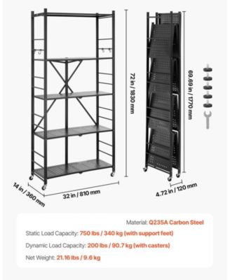 5-Tier Foldable Storage Shelf, 32"W x 14"D x 72"H, No-Assembly Metal Rack w/ Wheels & Hooks